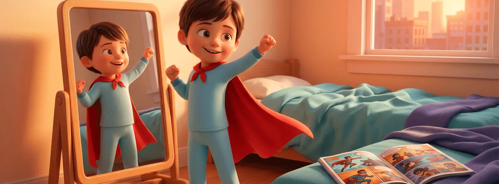 Enfant de 5 ans devant un miroir bas en pyjama avec cape rouge, posant fièrement, comic book ouvert sur le lit