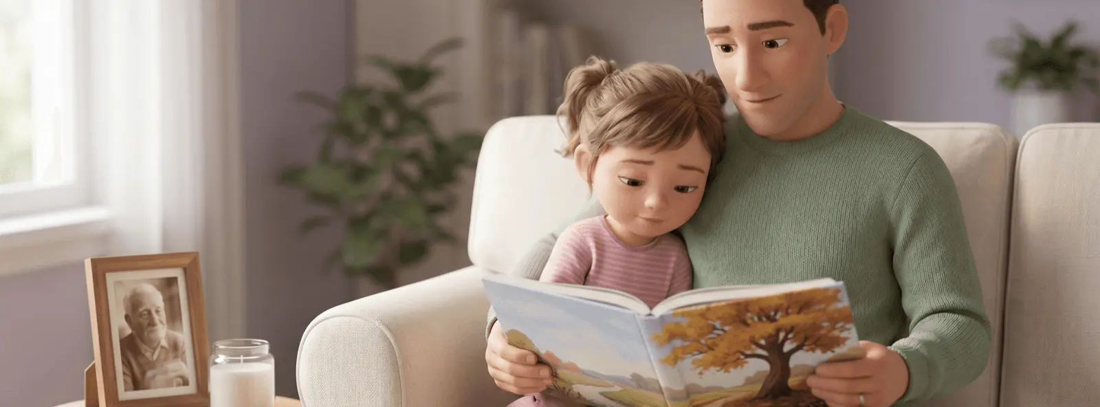 Parent et enfant de 5 ans assis serrés sur un canapé, parent lisant un livre illustré, photo encadrée et bougie sur une table à côté