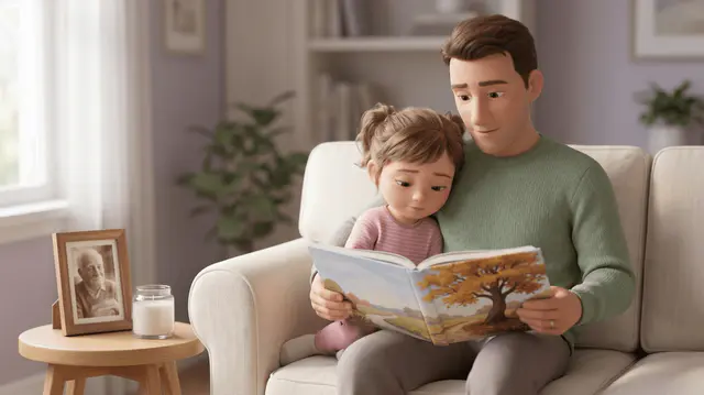 Parent et enfant de 5 ans assis serrés sur un canapé, parent lisant un livre illustré, photo encadrée et bougie sur une table à côté