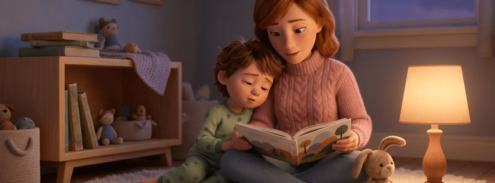 Parent et enfant de 4 ans serrés sur un tapis de chambre, livre ouvert ensemble, lampe de chevet ambrée
