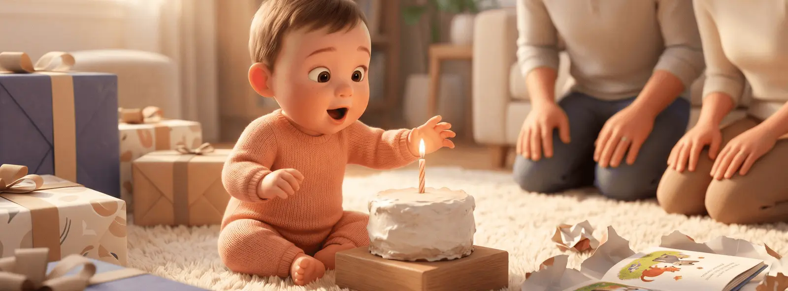 Bébé d'un an assis sur un tapis crème devant une bougie unique sur un gâteau, entouré de cadeaux dont un livre illustré à demi-déballé