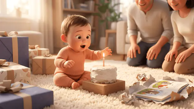 Bébé d'un an assis sur un tapis crème devant une bougie unique sur un gâteau, entouré de cadeaux dont un livre illustré à demi-déballé