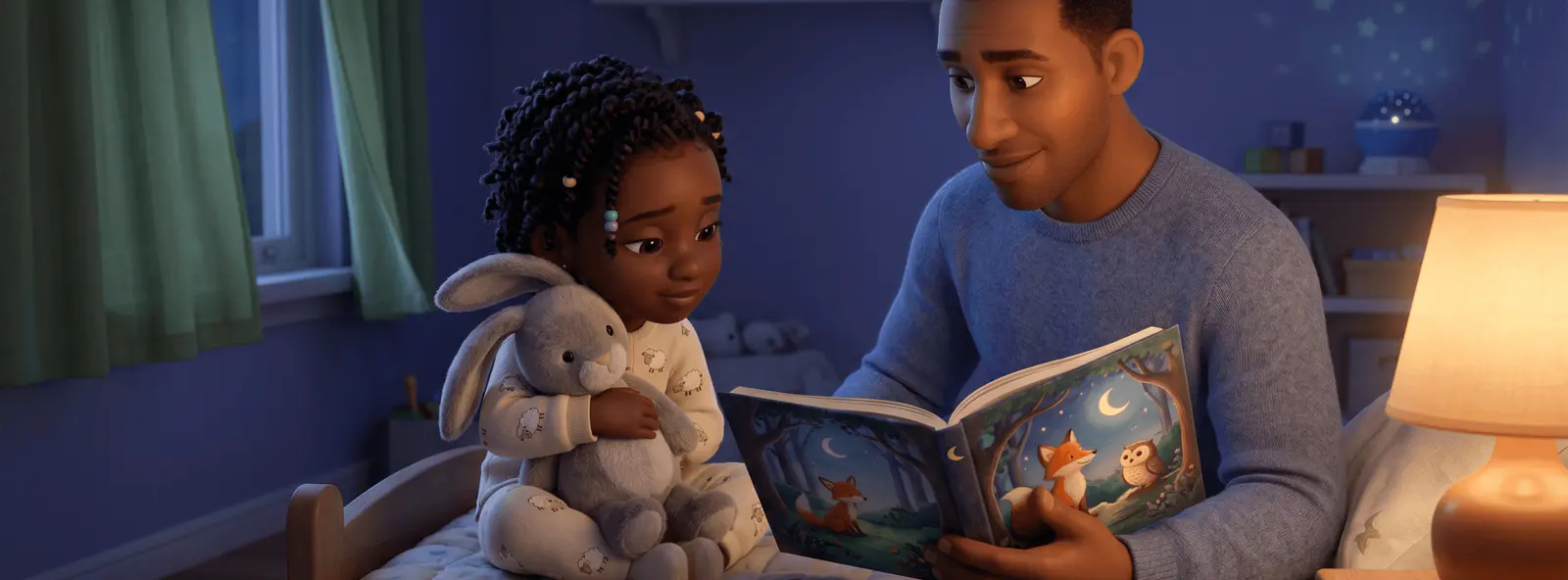 Petite fille de 4 ans dans son lit le soir, serrant un doudou lapin, son père assis au bord du lit lui lisant un livre illustré sous la lumière douce d'une lampe de chevet