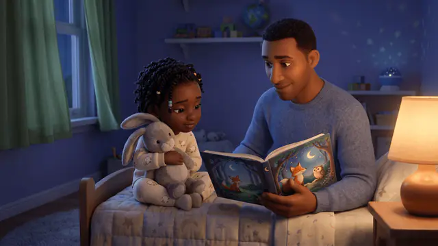 Petite fille de 4 ans dans son lit le soir, serrant un doudou lapin, son père assis au bord du lit lui lisant un livre illustré sous la lumière douce d'une lampe de chevet