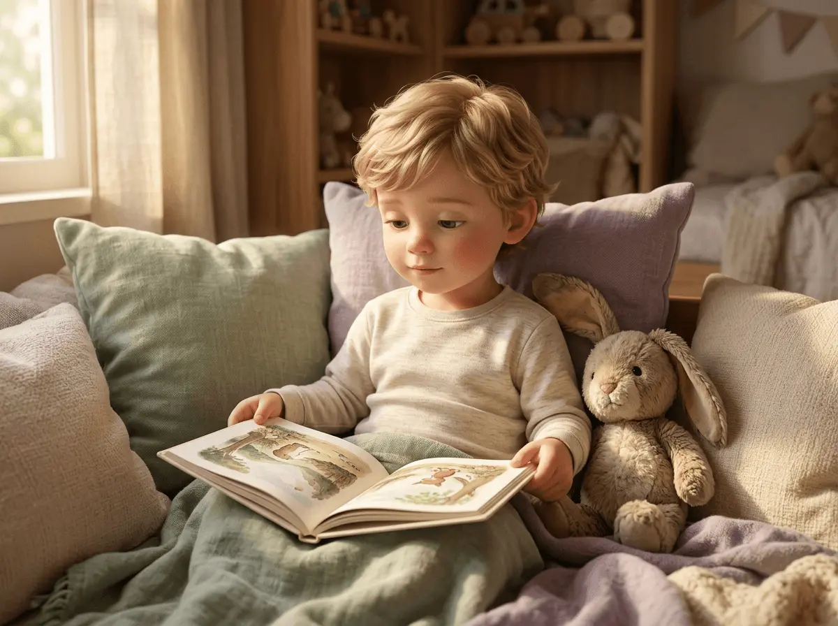 Petit garçon de 5 ans à la peau claire et aux cheveux blonds ondulés, blotti dans un coin de chambre avec un doudou lapin et un livre illustré tenu contre la poitrine, regard calme