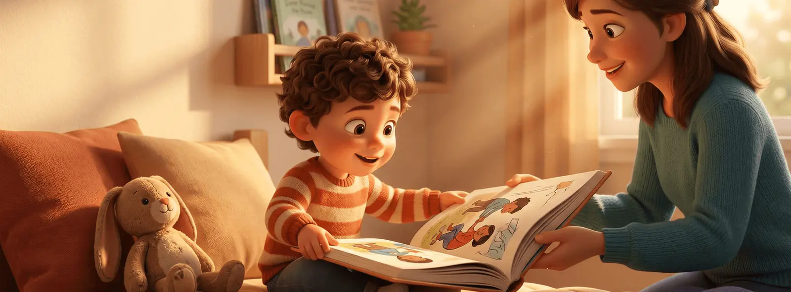 Petit garçon de 3 ans assis dans son lit, qui découvre un livre illustré tenu par sa marraine, lumière chaude de fin d'après-midi