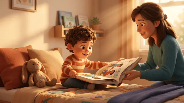 Petit garçon de 3 ans assis dans son lit, qui découvre un livre illustré tenu par sa marraine, lumière chaude de fin d'après-midi