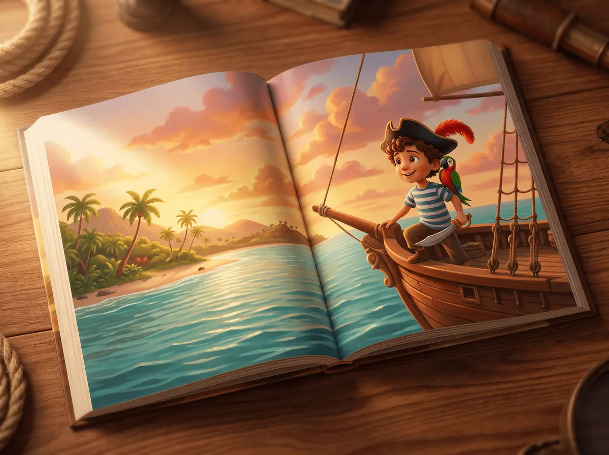 Livre personnalisé ouvert sur une double page d'aventure pirate, avec un petit garçon illustré qui ressemble à un enfant de 3 ans