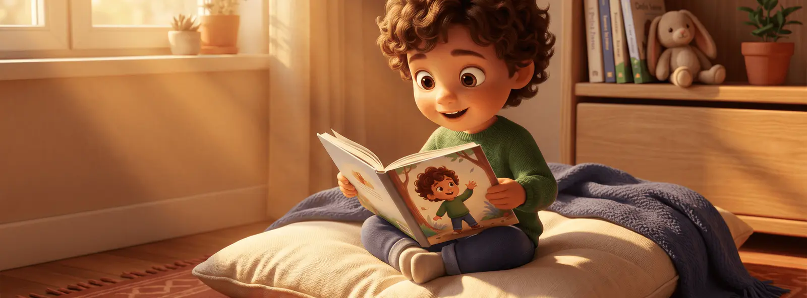 Enfant 4 ans dans un coin lecture cosy avec un livre illustré ouvert, golden hour