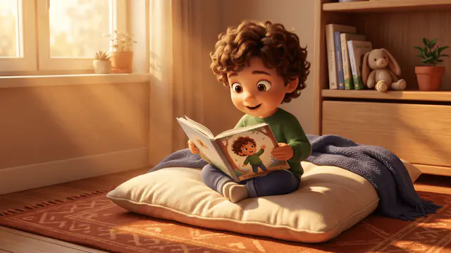 Enfant 4 ans dans un coin lecture cosy avec un livre illustré ouvert, golden hour