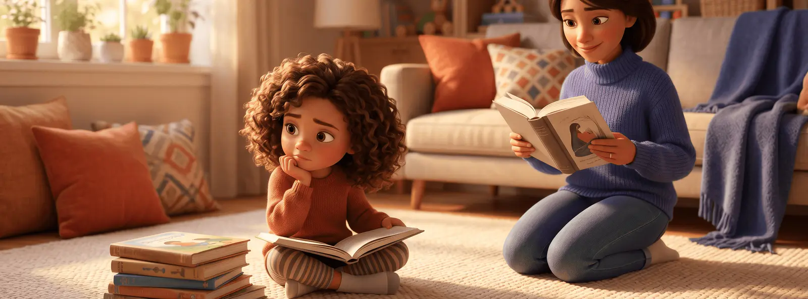 Fillette 6 ans pensive devant des livres, parent patient à côté, sans pression