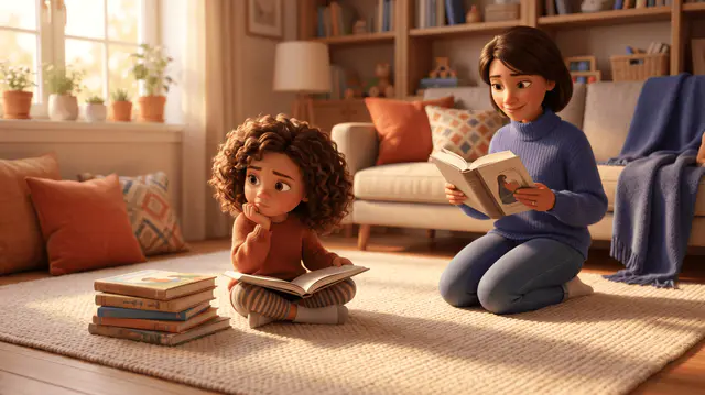 Fillette 6 ans pensive devant des livres, parent patient à côté, sans pression