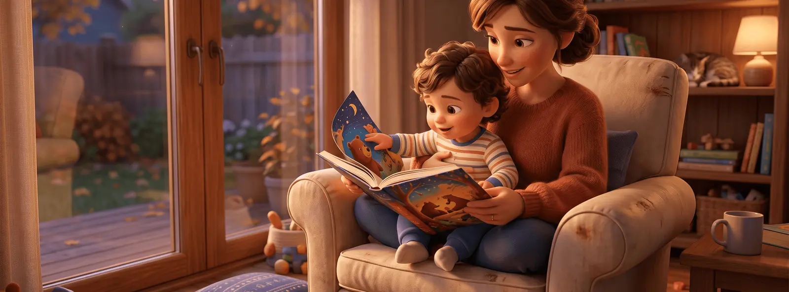 Bambin 2 ans dans les bras d'un parent absorbé dans un livre illustré, fauteuil cosy