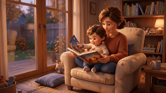 Bambin 2 ans dans les bras d'un parent absorbé dans un livre illustré, fauteuil cosy