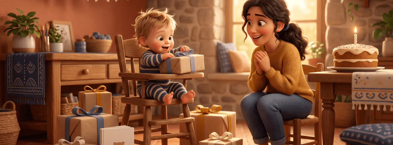 Bambin 1 an dans une chaise haute entouré de cadeaux d'anniversaire, marraine attendrie