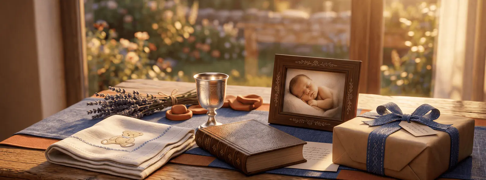Nature morte d'objets de baptême sur une table en bois, golden hour, sans personne