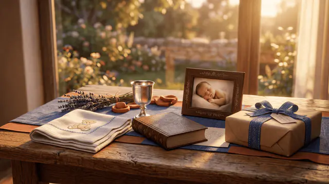 Nature morte d'objets de baptême sur une table en bois, golden hour, sans personne