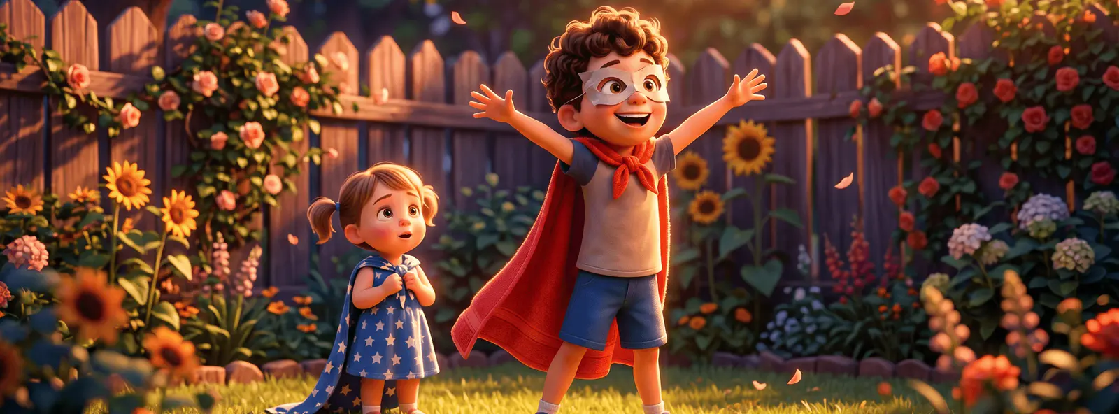 Garçon 5 ans en cape de super-héros sur une pelouse ensoleillée, sœur attendrie