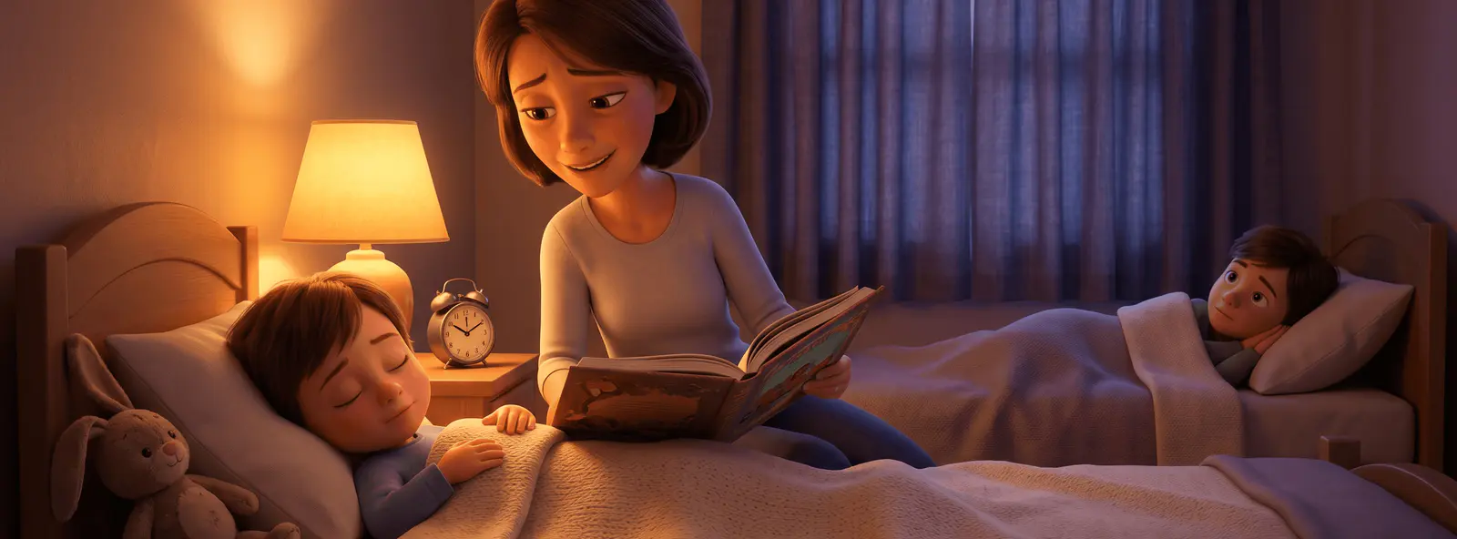 Mère lisant à un enfant 5 ans au coucher, fratrie listening across, lampe de chevet, ambiance feutrée et tendre