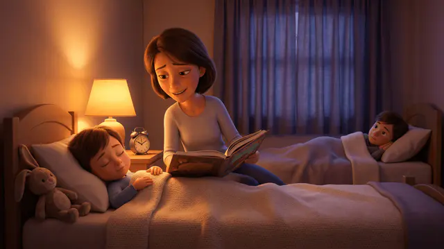 Mère lisant à un enfant 5 ans au coucher, fratrie listening across, lampe de chevet, ambiance feutrée et tendre