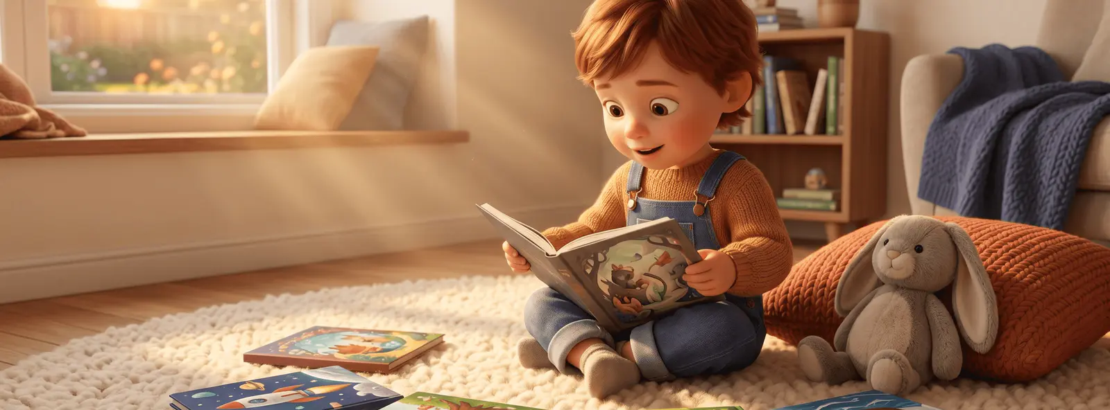 Enfant 4 ans entouré de livres illustrés sur tapis cream, lumière dorée, moment de découverte