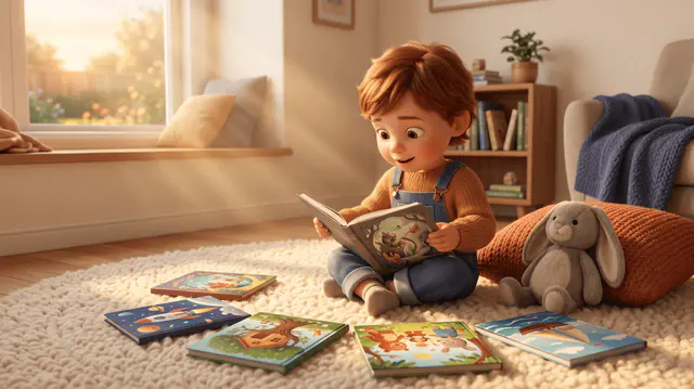 Enfant 4 ans entouré de livres illustrés sur tapis cream, lumière dorée, moment de découverte