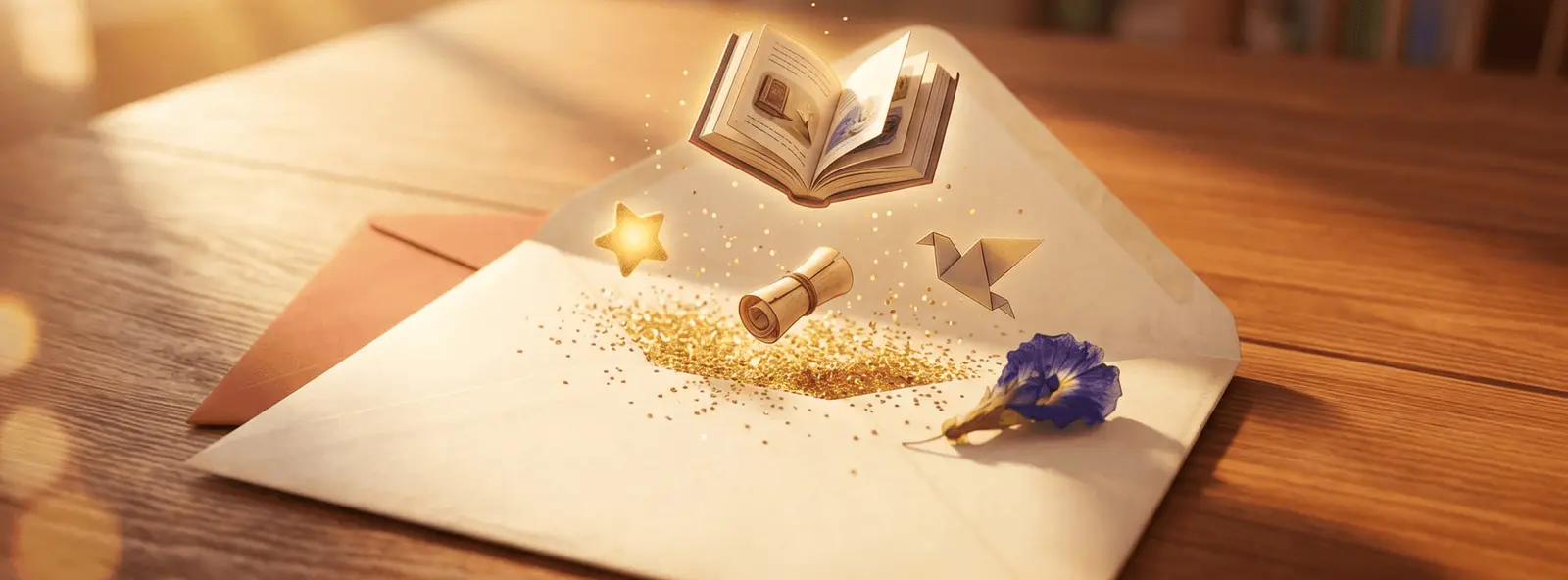 Enveloppe ouverte sur table en bois, paillettes dorées et icônes illustrées qui s'échappent : étoile, parchemin, livre miniature, oiseau de papier