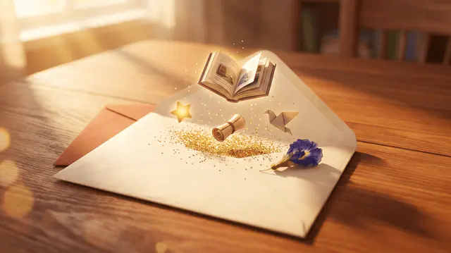 Enveloppe ouverte sur table en bois, paillettes dorées et icônes illustrées qui s'échappent : étoile, parchemin, livre miniature, oiseau de papier