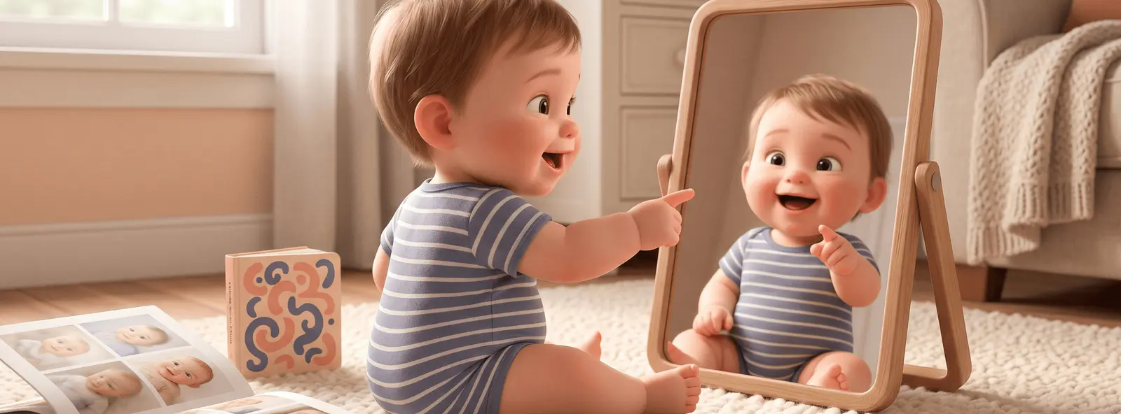 Bébé assis sur un tapis face à un miroir sur pied, pointant son reflet souriant, livre photo ouvert à ses côtés