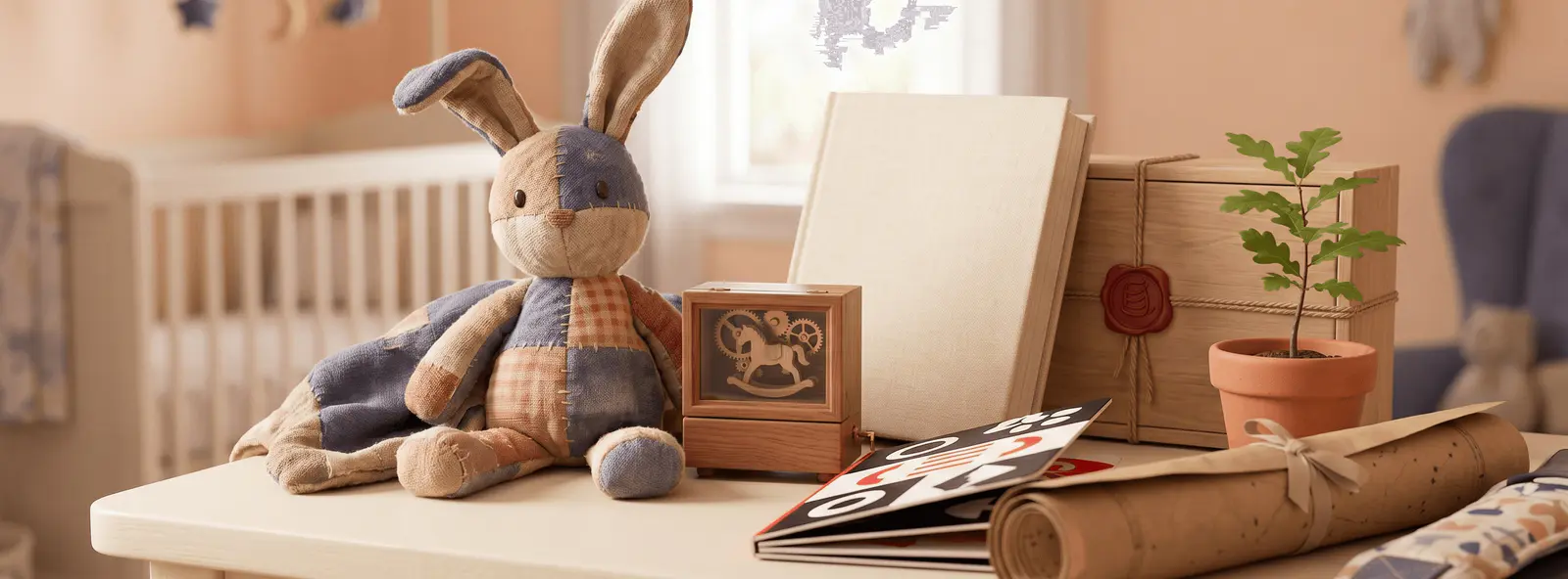 Future maman préparant sa liste de naissance, entourée de cadeaux artisanaux