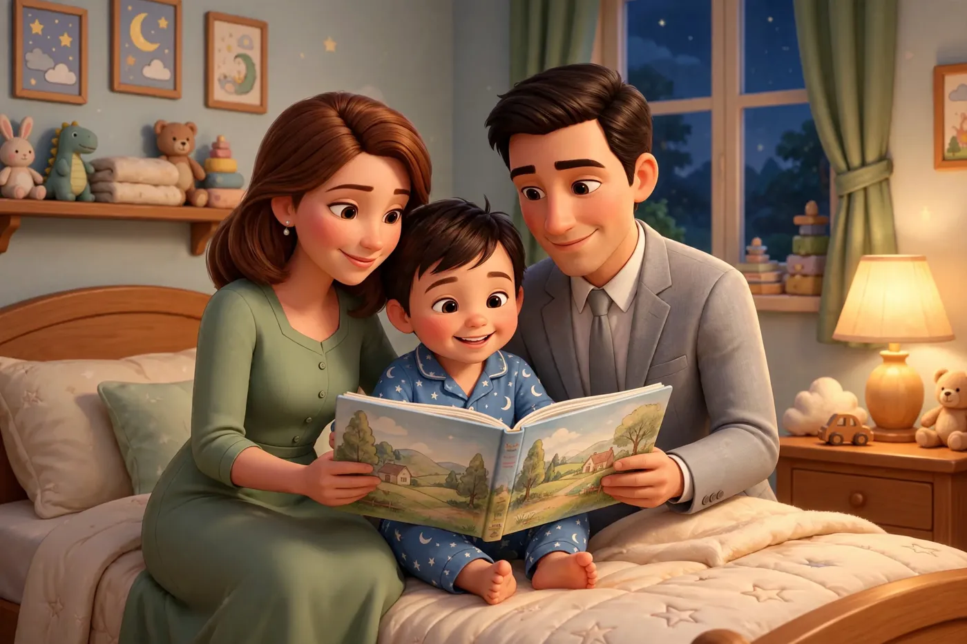 Des parents lisent le livre à leur fils, le soir, au bord du lit