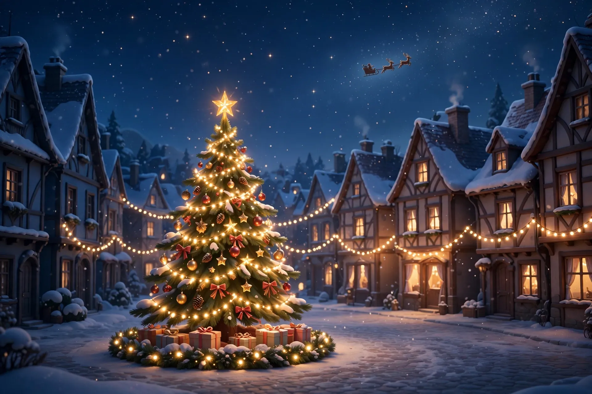La place d'un village enneigé la nuit, un grand sapin illuminé au milieu des maisons et le traîneau du Père Noël dans le ciel