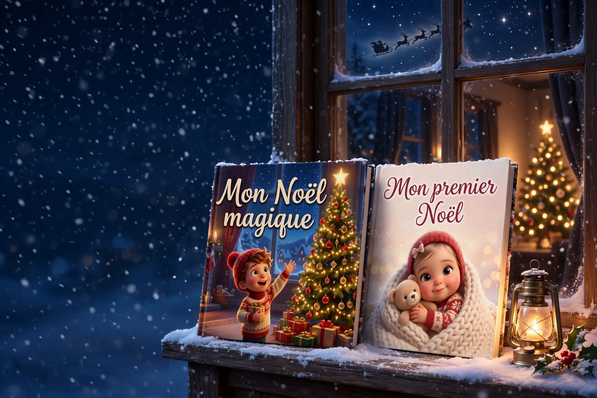 Les livres « Mon Noël magique » et « Mon premier Noël » posés sur un rebord de fenêtre enneigé, une lanterne allumée et le traîneau du Père Noël dans le ciel