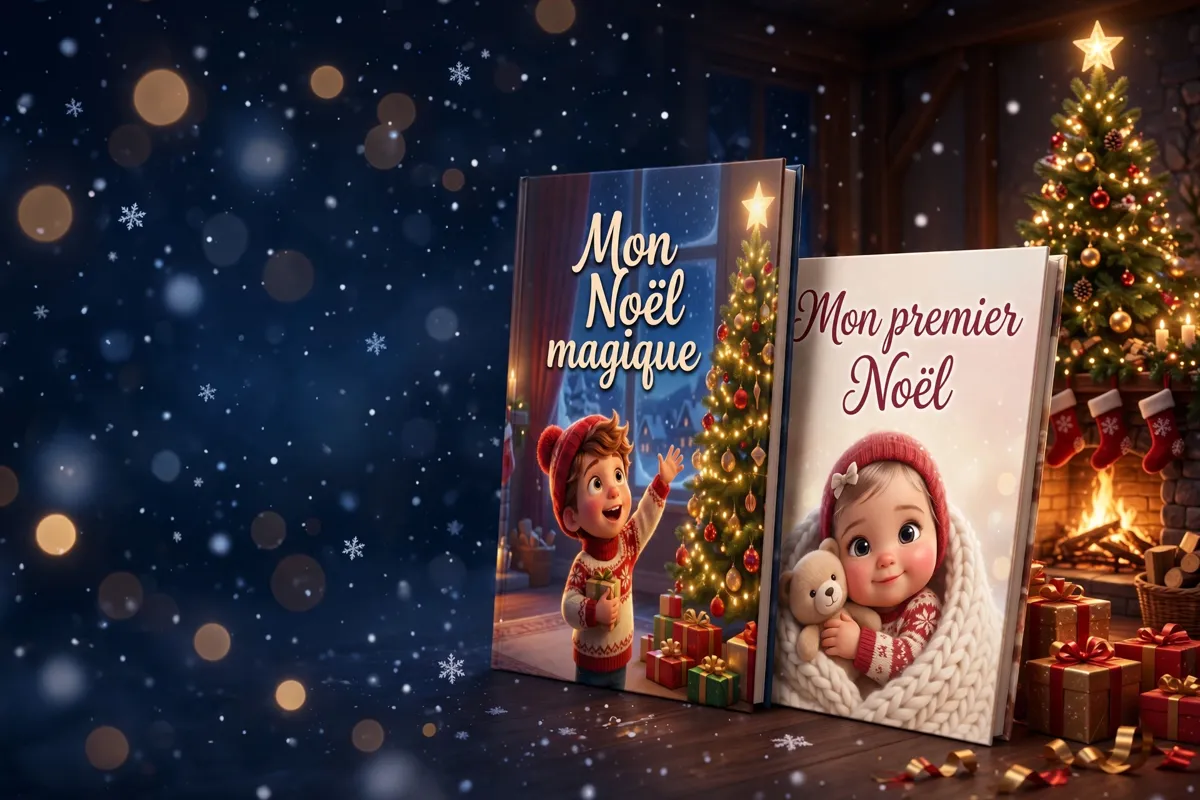Les deux livres de Noël posés au pied du sapin, parmi les cadeaux