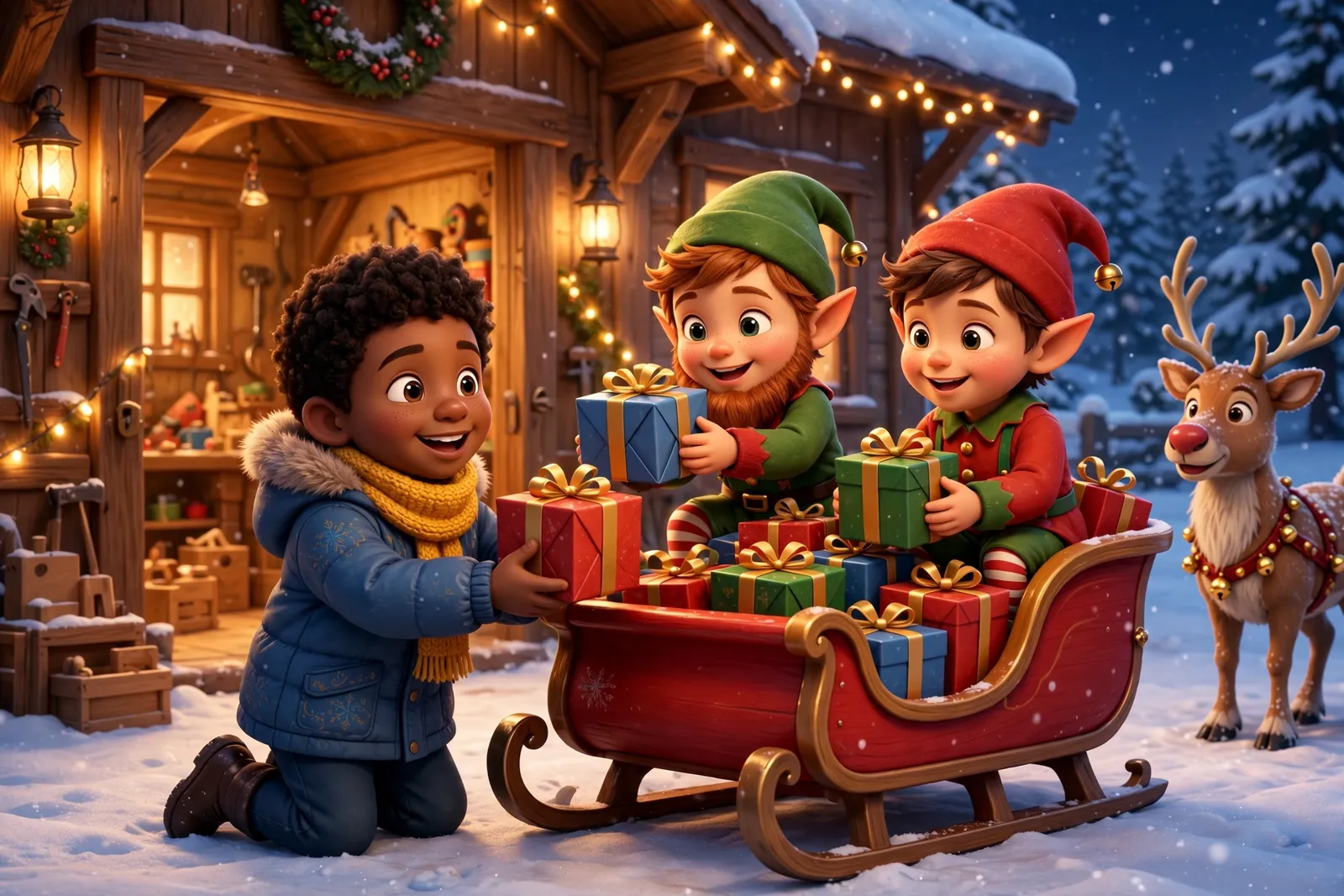 Un garçon aide deux lutins à charger les cadeaux dans le traîneau du Père Noël