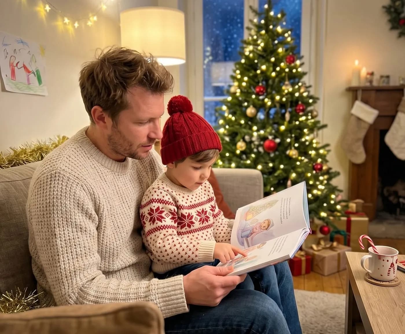 Un papa lit le livre de Noël à son fils en bonnet rouge, blottis dans le canapé près du sapin illuminé