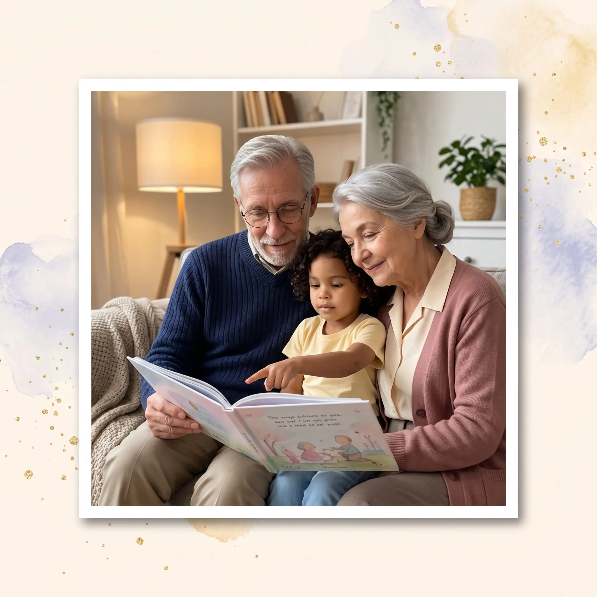 Des grands-parents lisent un livre personnalisé avec leur petite-fille sur le canapé