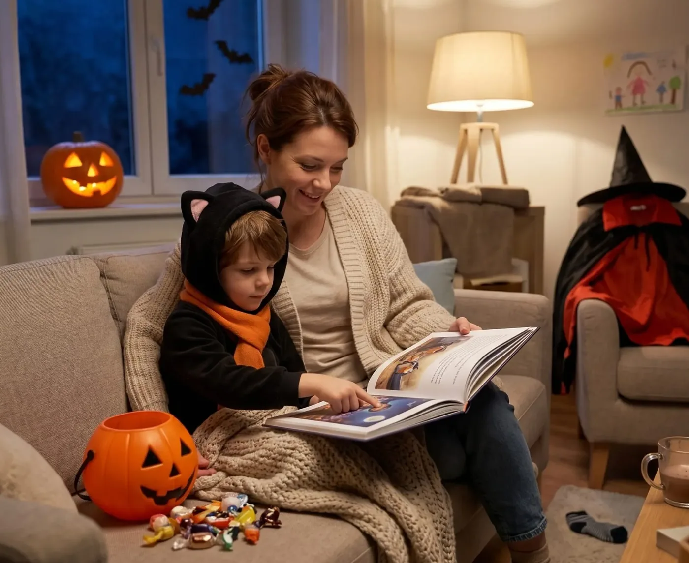 Une maman lit le livre d'Halloween avec son fils déguisé en chat, blottis dans le canapé, un panier-citrouille à côté