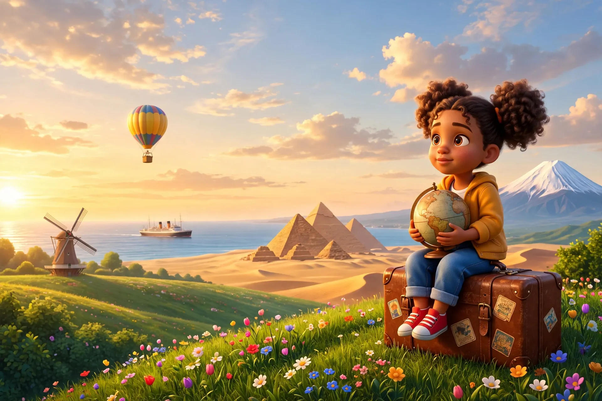 Une petite fille assise sur une valise, un globe sur les genoux, devant un moulin, les pyramides et le mont Fuji