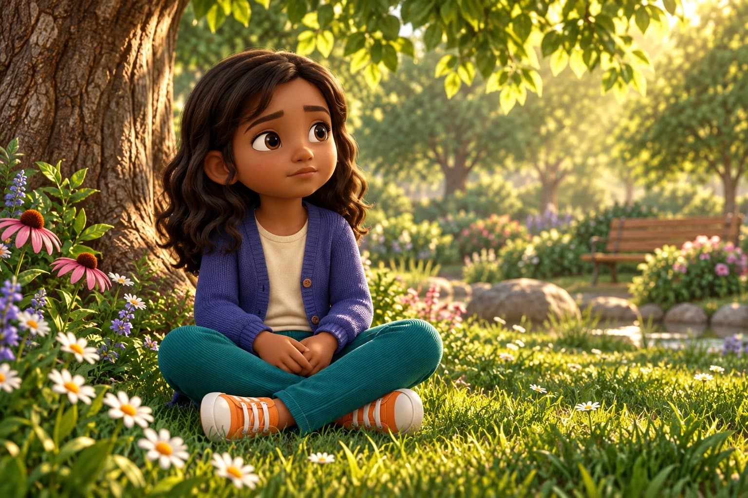 Lina prend une pause sous un arbre dans un parc