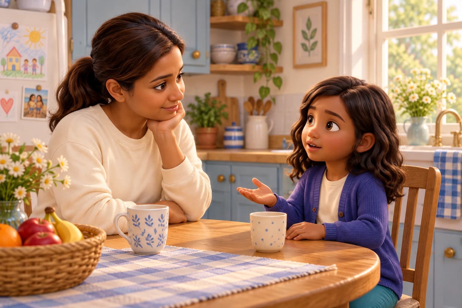 Illustration d’une enfant qui pose une question à sa mère, attentive à ses côtés